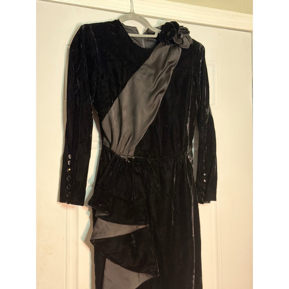 Vintage 80s Black Velvet Satin Rosette Ruffle Cocktail Dress Long Sleeve Midi